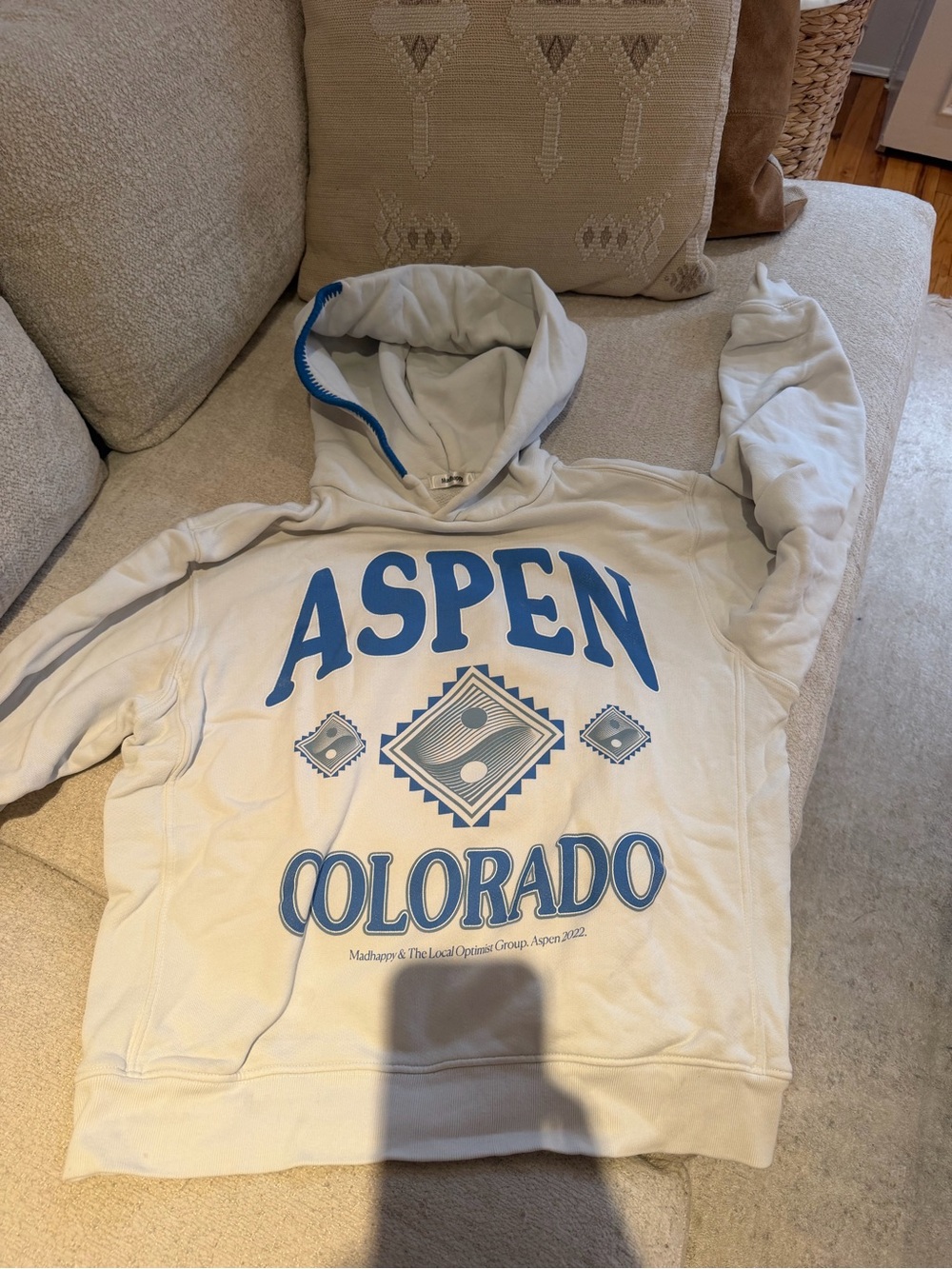 Limited Edition Aspen Drop Madhappy Hoodie - Cream with Blue Prin